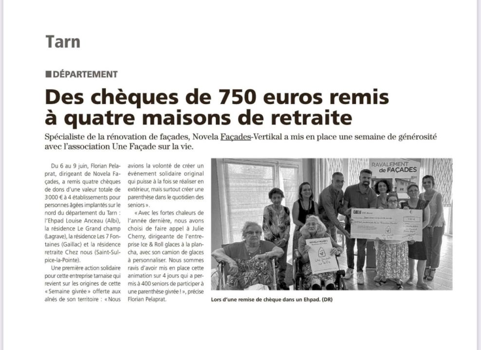 Des chèques de 750 euros remis par Novela Façades à quatre maisons de retraite du Tarn