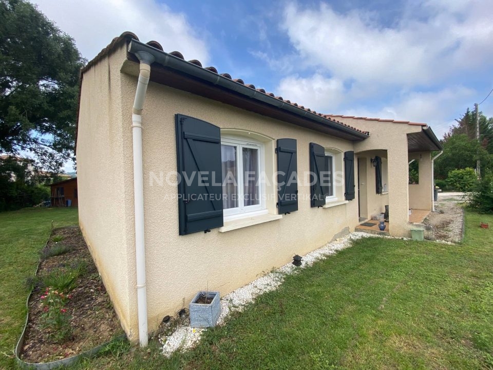 Maison avec volets verts et gouttières blanches.