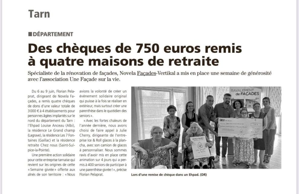 Des chèques de 750 euros remis par Novela Façades à quatre maisons de retraite du Tarn